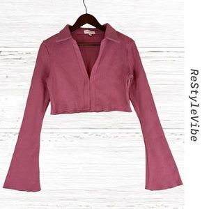 MABLE Women’s Size L Top Shirt Cardigan Cropped Collar Long Tulip Sleeve Pink